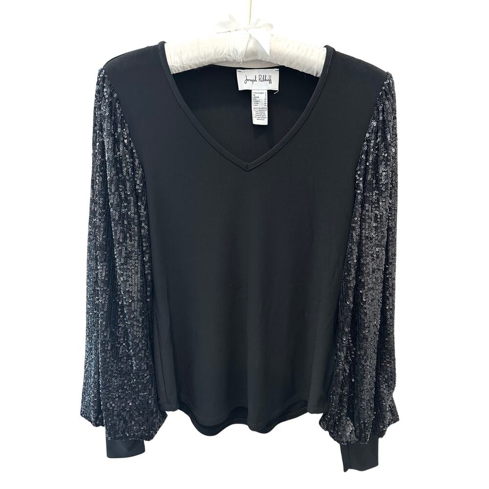 JOSEPH RIBKOFF Black V-Neck Knit Sparkle Long Sleeves Blouse Top | Size 2